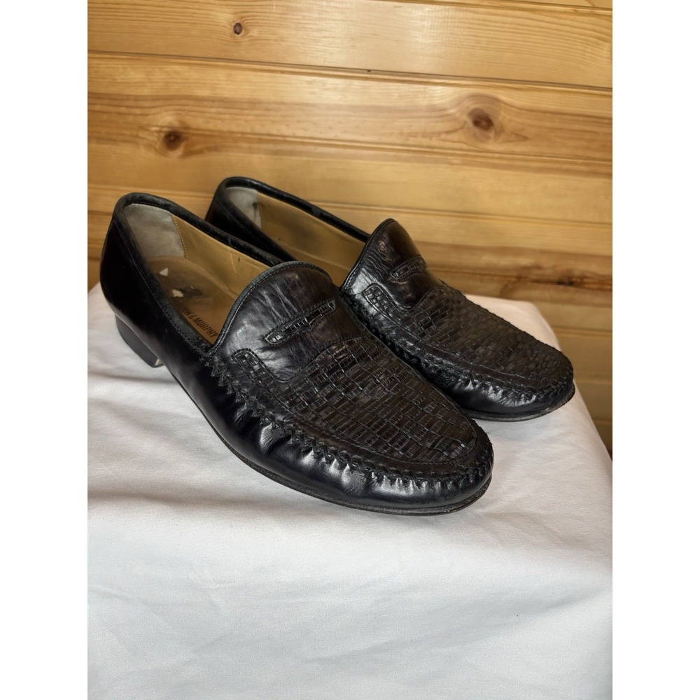 Johnston & Murphy Men's Penny Loafer 9 Woven Black Moc Toe Dress Shoe Leather